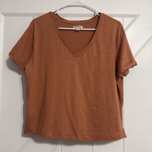 Goodthreads Women’s V-Neck T-Shirt L Rust Orange Slub Cotton Tee 21x23 Casual